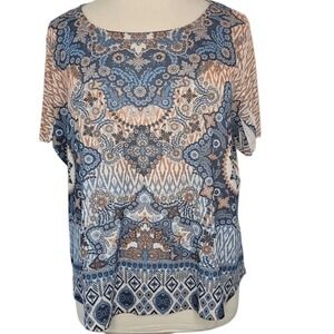 World Unity  Blue and Tan Print‎ Embellished Top
